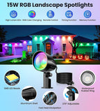 MEIKEE 15W RGB Landscape Spot Lights Outdoor, RGBW Color Changing Landscape Lighting with Remote Control, IP66 Pathway Lights for Christmas Halloween Party Festival Decoration (8 Pack)