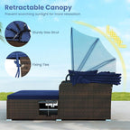 ORALNER Outdoor Daybed, 2-Person Wicker Patio Sofa with Retractable Canopy, Cushions & Pillows, 2 Side Trays, PE Rattan Double Sunbed for Deck Poolside Garden Balcony Backyard (Navy, Mix Brown)