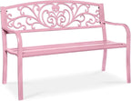 Best Choice Products Outdoor Bench Steel Garden Patio Porch Furniture for Lawn, Park, Deck w/Floral Design Backrest, Slatted Seat - Pink