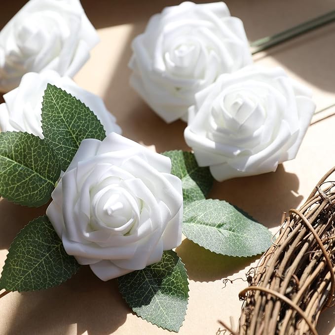 Artificial Flowers, 100 Pcs White Foam Roses with Thin Wire Stems
