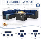 NICESOUL 29.3'' High-Back Outdoor Patio Conversation Set with Fire Pit Table Gas Propane Dual-Fuel, 7 Pcs Oversized Deep & Wide Seated Wicker Sectional Sofa Furniture Set with Firepit, Navy Blue