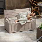 EasyUp 80 Gallon Wood Grain Style Outdoor Storage Bench, Waterproof and Lockable Deck Box Outdoor Storage Furniture for Patio,Garden,and Porch – Perfect for Storing Garden Tools and Cushions(Gray)