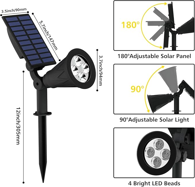 T-SUN Solar Spotlights Outdoor, 2 Pack White LED Landscape Lights, Waterproof Solar Powered Light with Auto On/Off, Adjustable Wall Lights for Yard, Garden, Patio, Driveway, Pool