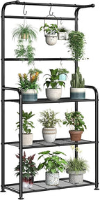 Plant Stands Outdoor with Hooks, Metal Tall Plant Shelves Indoor for Hanging Planter, Black