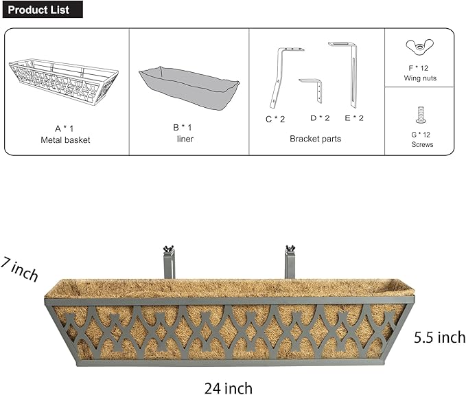 4 Pack 24 Inch Window Boxes Planters Railing Planter Box with Adjustable Brackets for Porch Fence Patio Balcony Hanging Flower Baskets with Coco Liners for Outdoor Garden Decor - Dark Grey