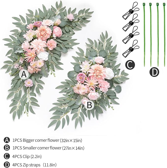 Artificial Flowers Swag Kit, 2 Pack, Romantic Pink Silk Wedding Arch Decor