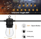 LED Outdoor String Lights 36FT Patio Lights with 13 Shatterproof S14 Replaceable Bulbs(1 Spare), Outside Hanging Lights Waterproof for Porch, Deck, Garden, Backyard, Balcony, 2700K Dimmable