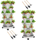 DUNCHATY Stackable Planter, Vertical Garden Planter with Wheels and Garden Tools, Strawberry Planter Indoor/Outdoor 5 Tier Herb Planter Pots for Growing Vegetables and Succulents,Gray