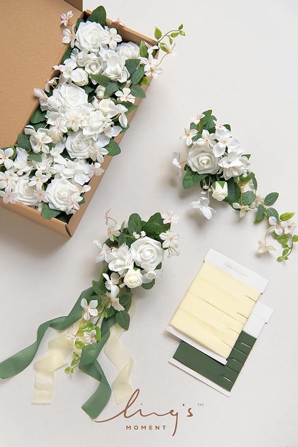 Artificial Flowers: 8 Pcs White and Sage Aisle Pew Decor for Weddings