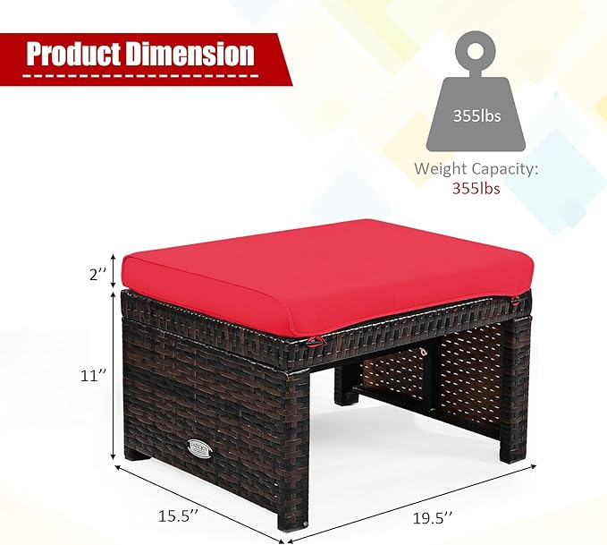 Tangkula 2 Pieces Patio Rattan Ottomans, All Weather Outdoor Footstool Footrest Seat with Soft Cushion, Hidden Zipper, High-Density Sponge, Wicker Ottoman Seat for Patio, Garden, Poolside (Red)
