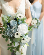 Artificial Flowers: Dusty Blue Cascade Bridal Bouquet, Silk with Pearls