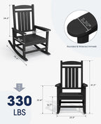 KINGYES Outdoor Rocking Chairs, HDPE All-Weather Patio Rocking Chairs High Back Porch Rocker for Adult, Black