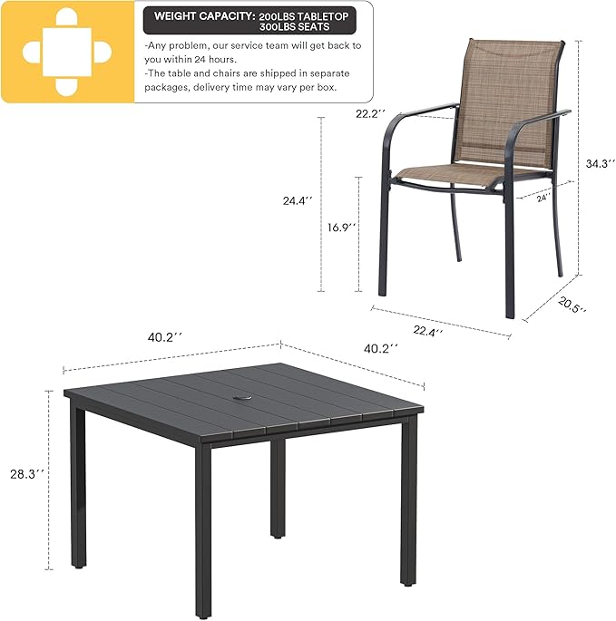 VICLLAX Patio Dining Set for 4, Outdoor Furniture Set Includes 1 Square Patio Table and 4 Stackable Patio Sling Chairs, Patio Table and Chairs for Outsides, Black Table and Brown Chairs