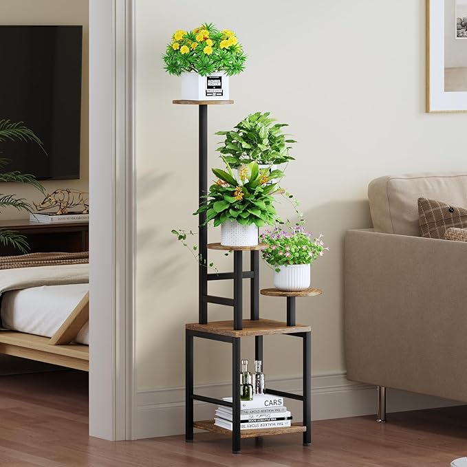 Round Plant Stand Indoor with Grow Light, 5-Tiered Tall Plant Stand Indoor, Metal Plant Shelf with Adjustable Light, Ideal for Living Room, Garden, Patio (Black Brown)