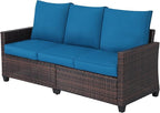 Rattan Outdoor Sofa 3-Seater - PE Woven Patio Couch with Waterproof Blue Cushions, Heavy-Duty Steel Frame for Garden, Poolside Outdoor Wicker Furniture