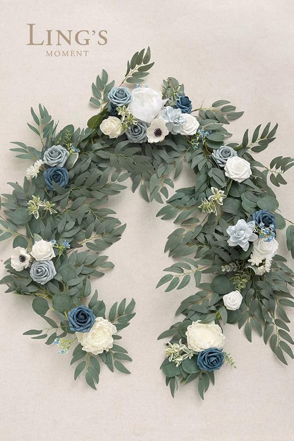 Artificial Flowers Garland, 6 Ft Dusty Blue Rose and Eucalyptus Vine