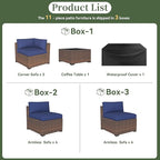Aoxun 11 Piece Patio Furniture Set Wicker Rattan Patio Conversation Set Outdoor Sectional Sofa Set with Coffee Table and 4” Thickened Cushions, Blue(Waterproof Cover Included)