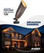 MALORY Brass Landscape Spotlights 12-Pack with Bulb Kit(S02), Low Voltage 12V AC/DC LED Outdoor Spot Uplights for House and Tree,PVC Ground Stake and Wire Connector Included, 5W 2700K Warm White