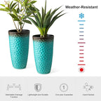 Glitzhome 23.75" H Large Planters for Outdoor Plants,Set of 2 Plastic Tall Outdoor Planters with Drainage Holes,Honeycomb Textured Gradient Turquoise Finish, Large Flower Pots for Front Porch Indoor