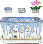 W&W Orchid Pot with Holes and Saucer for Repotting, Blue and White, 9.7 Inch