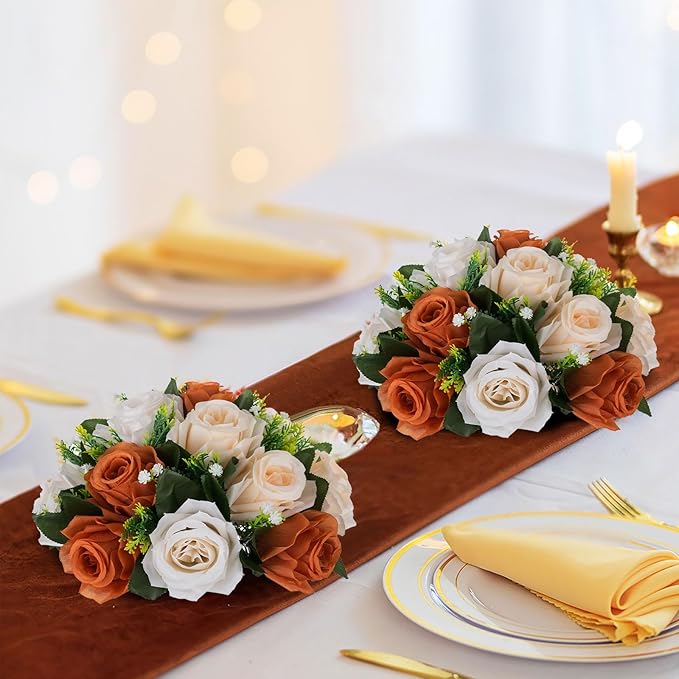 Artificial Flowers Terracotta Silk Rose Balls for Centerpieces, 3-in-1