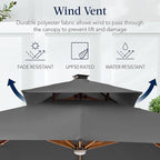 Best Choice Products 10ft Square Cantilever Patio Umbrella w/Base Included, Woodgrain Pattern Pole & Solar LED Lights, 360-Rotation, Offset Hanging Outdoor Shade - Gray