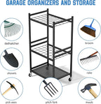 Garden Organizer With Wheels, Yard Tower Rack for Garage Storage, Up to 35 Long-Handled Tools, Sturdy Metal Steel Holder With 3 Hooks, Outdoor, Black