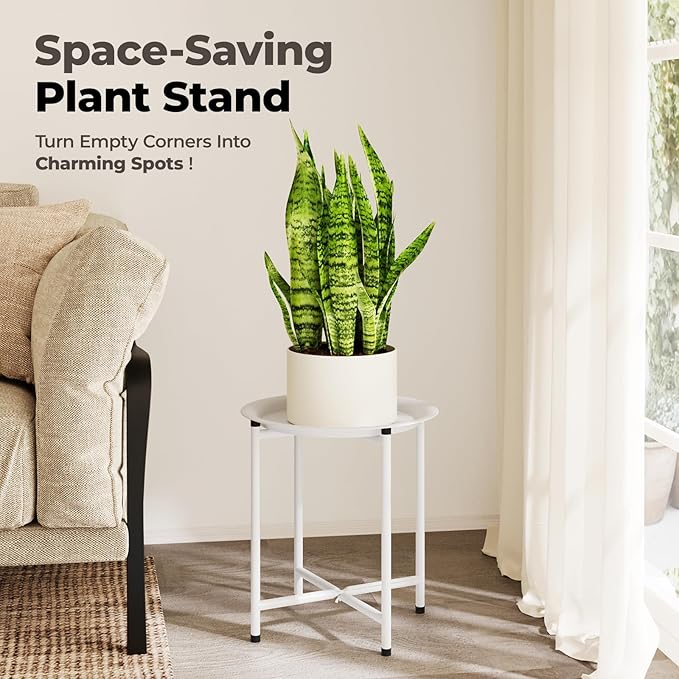 Bamworld White Plant Stand Indoor Small Plant Table for Large Plants Outdoor Single Plant Holder Heavy Duty Plant Stool for Patio Garden Balcony Living Room Small Round Side Table