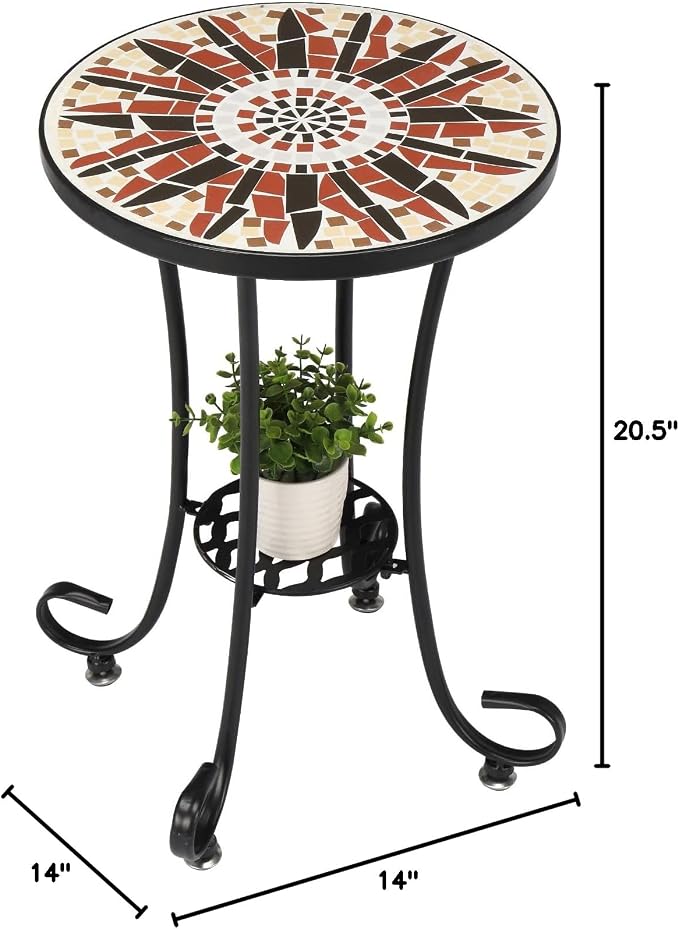 Round Side Table, 14-Inch Mosaic Accent Table, 20.5-Inch Height