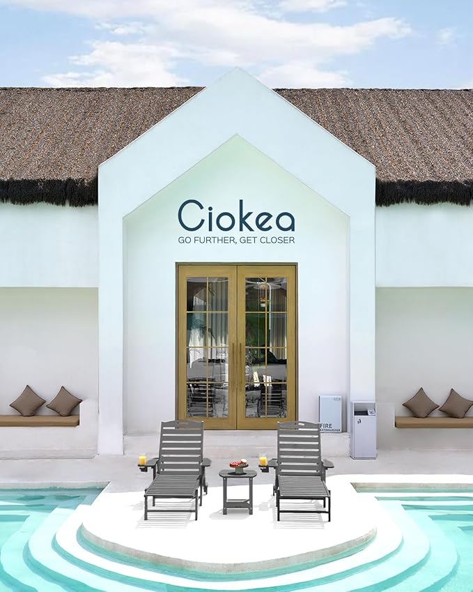 Ciokea Outdoor Chaise Lounge Chair Set of 2, Patio Lounge Chairs for Outside, HDPE Lounge Chairs with Wheels & Cup Holder, Poly Lounge Chair with 5 Position for Poolside, Deck, Dark Grey