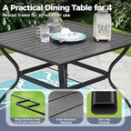 5 Piece Patio Dining Set for 4, 37”x37” Square Table with Umbrella Hole and 4 Metal Blue Chairs, Outdoor Table and Chairs Set for Lawn Backyard and Deck