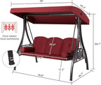 HOMREST 3 Seat Outdoor Porch Swing with 1.5" Deepened Cup Holder, Adjustable Canopy, Patio Swing Bed with Stand, Patio Glider Swing with Thicken Cushions, Pillow for Yard, Garden(Wine Red)
