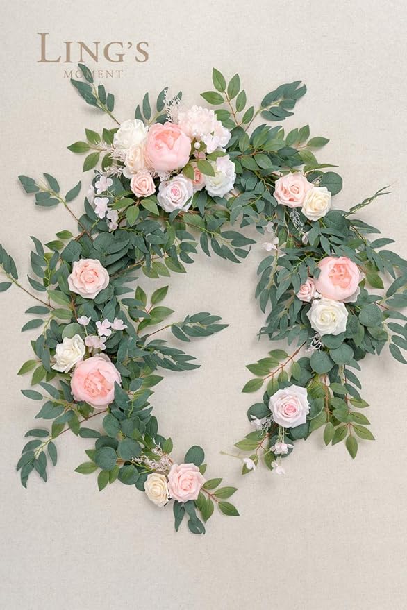 Artificial Flower Garland Runner, 6 Ft Blush and Cream Eucalyptus
