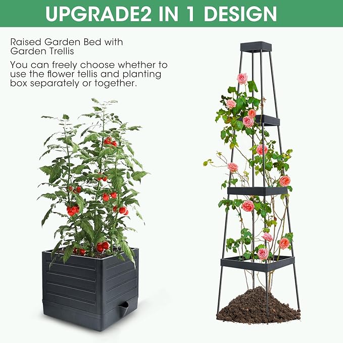 MQUPIN Tomato Planter Box with Trellis for Garden, 57 Inch Self-Watering Raised Garden Bed, Patio Tomato Cage for Climbing Vegetables & Flowers, Upgraded Tomato Pot for Indoor Outdoor Use (4 Pack)