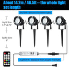 20W Outdoor RGB LED Spotlights 4 Pack, 120V 1000lm with Remote & Transformer, 12 Colors 19 Modes, IP65 Waterproof 46.5ft Cord, Landscape Lights for Yard Garden Christmas Halloween