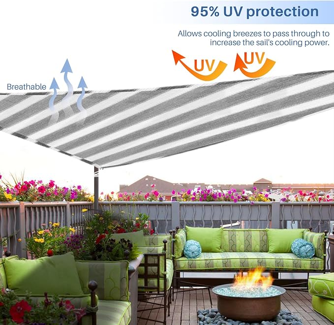 E&K Sunrise 15' x 15' x 15' Sun Shade Sail Triangle Canopy Shade Cover UV Block for Patio Backyard Garden Outdoor (Gray White Strip)