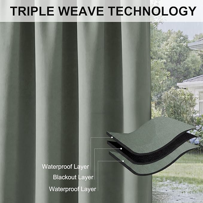 RYB HOME Outdoor Curtains for Patio Waterproof Block Sunlight Thermal Insulated Privacy Assured Thick Outside Curtains for Porch, Gazebo, Pergola, W52 x L95, Sea Green, 1 Panel