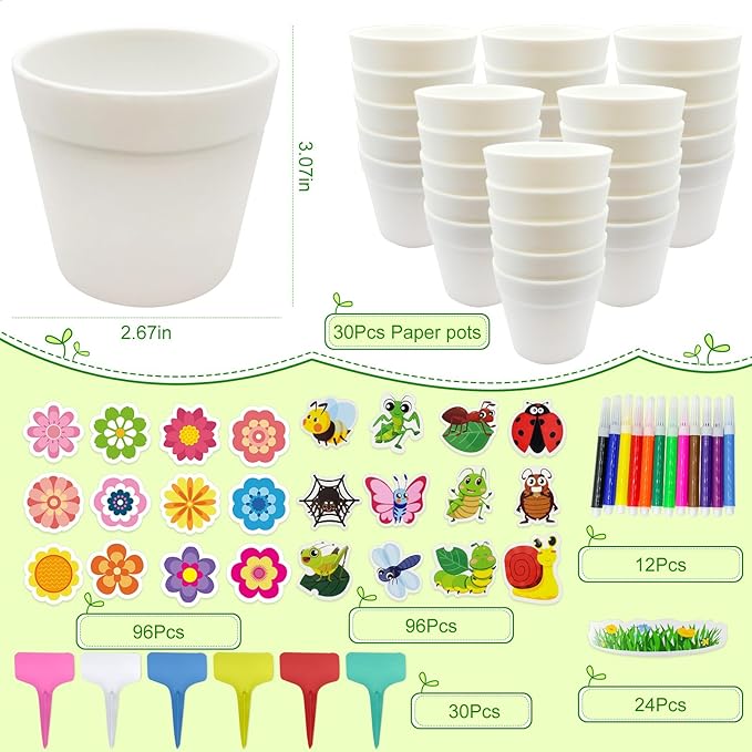 Cinrobiye 30 Set Garden Paper Pot Craft Kit，DIY Flower Plant Crafts with 216 Foam Stickers Watercolor Pens Plastic Plant Tags for Spring Summer Gardening Art Project Classroom Party Activities (Big)