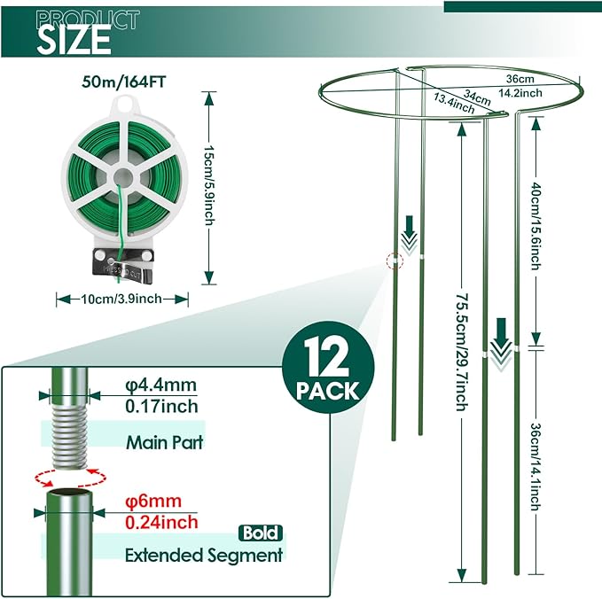 Plant Support Stakes, 30 Inch Half Round Green Iron, 12 Pack