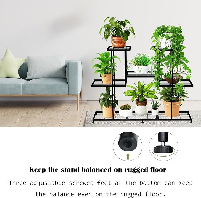 Twhep Metal Plant Stand, 5 Tiers Multifunctional Plant Stands for Indoor Plants, Decorative Black Steel Plant Shelf for Indoor Patio Garden Balcony and Yard (4 tiers 12 pots)