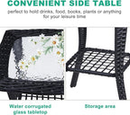 VINGLI Outdoor Side Table with Storage Wicker Patio Side Table, Tempered Glass Top End Table for Balcony Porch Deck (Black)