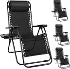 NEWBULIG Zero Gravity Chair Set of 4, Lounge Chair Folding Portable Adjustable Camping Reclining Chairs with Adjustable Pollow, Mesh Back, Cup Holder Trays Lawn Patio Chair for Pool Beach - Black