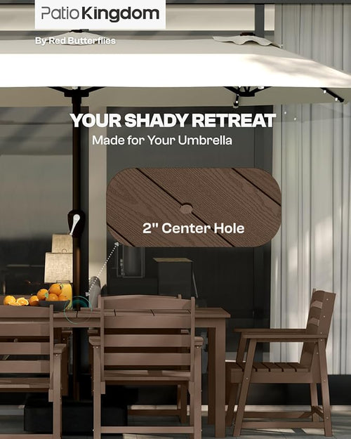 5-Piece Brown Outdoor Dining Set with White 11FT Large Patio Umbrella, 75.2'' HDPE Table & Chairs for 8, Weather-Resistant Furniture with Umbrella Hole for Patio, Lawn, Poolside