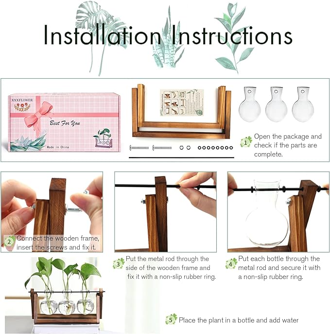 Terrarium Set, 3 Clear Glass Bulbs on Natural Wood Stand