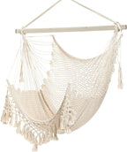 Hammock Chair，Max 330lbs, Large Hanging Chair, Soft Cotton Rope Swing Chair with High Load-Bearing Metal Rod,Indoor Outdoor Garden Yard Living Room Use Beige