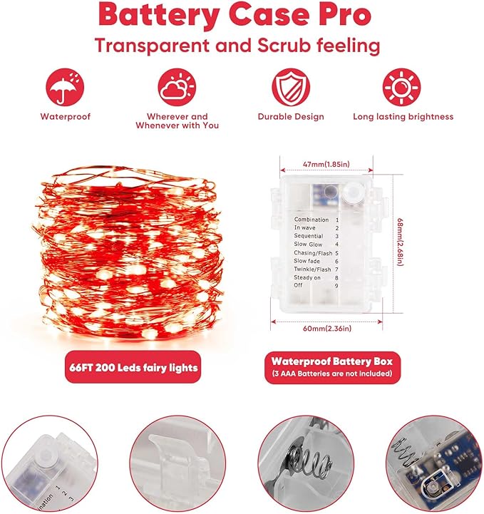 Indoor String Lights, Red Battery-Powered LED Set with Remote, 65.6 Ft