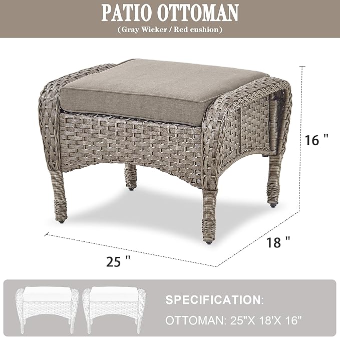 Belord Outdoor Ottomans for Patio Foot Rest - 25 Inch PE Wicker Foot Stool Set of 2 with Removable Cushions for Patio Furniture Sets,All Weather Rattan Ottoman for Balcony Deck Backyard Brown