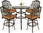 VIVIJASON 5-Piece Patio Swivel Bar Stools Set, All Weather Cast Aluminum Outdoor Bar Height Bistro Set with 4 Cushioned Bar Chairs & 35.4" High Bar Table w/Umbrella Hole for Backyard, Lawn, Garden
