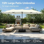 PHI VILLA 15ft Large Patio Umbrellas with Base Included, Outdoor Double-Sided Rectangle Market Umbrella with Stand, Outside Umbrellas for Poolside Lawn Backyard, Ivory