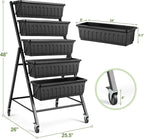 Suyncll Vertical Raised Garden Bed Planter Box, 5 Tiers Vertical Garden Planter with Drainage System and 4 Hooks for Plants Vegetables Flowers (Black with Wheels)